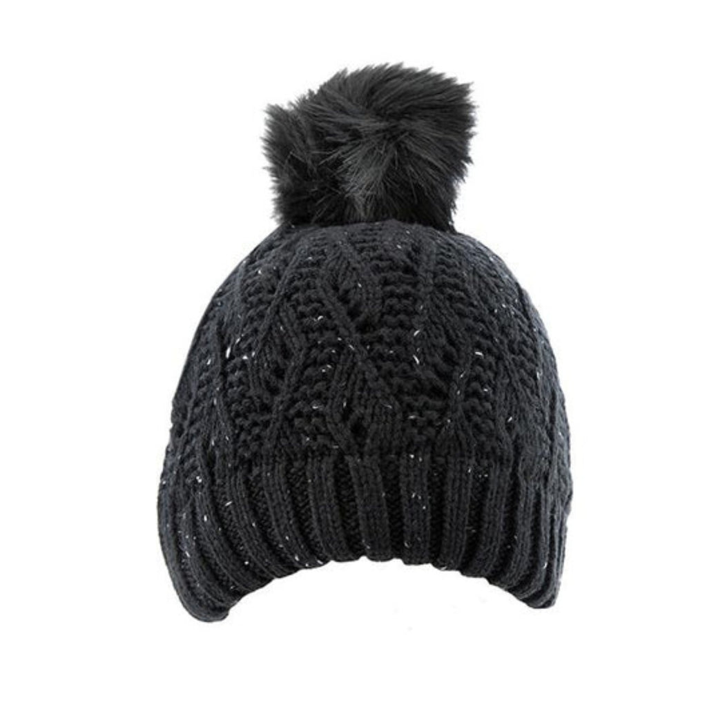 Women's Lace Knit Bobble Hat with Faux Fur Pom Pom