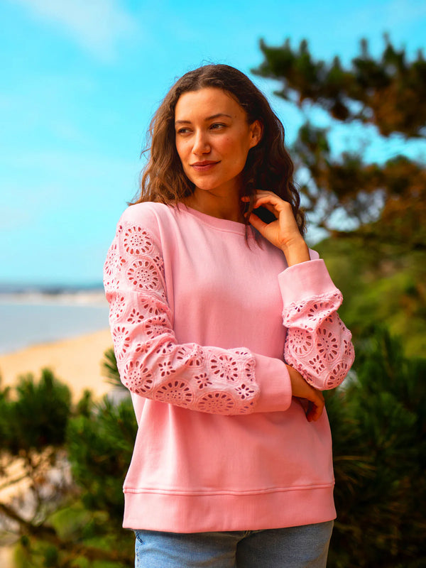 Pink Broderie Crew Neck Sweat