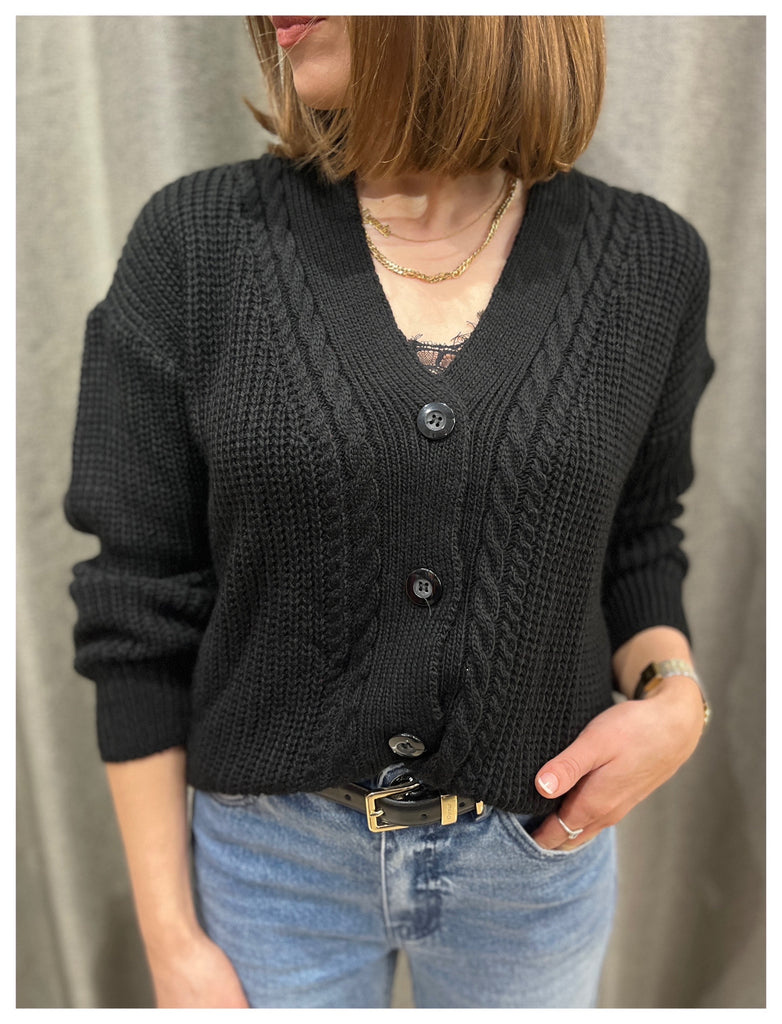 Cable Knit V-Neck Cardigan- black