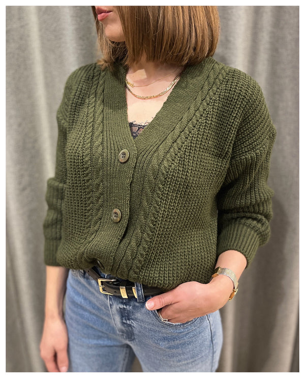 Cable Knit V-Neck Cardigan- green