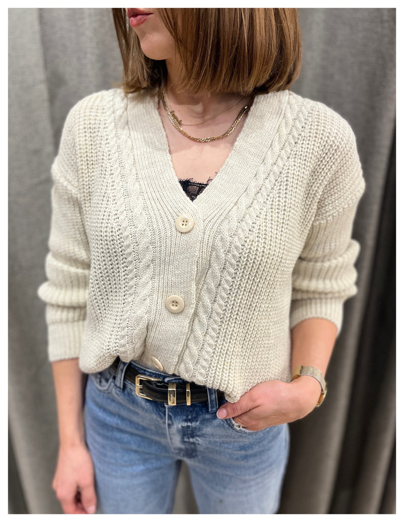 Cable Knit V-Neck Cardigan- stone