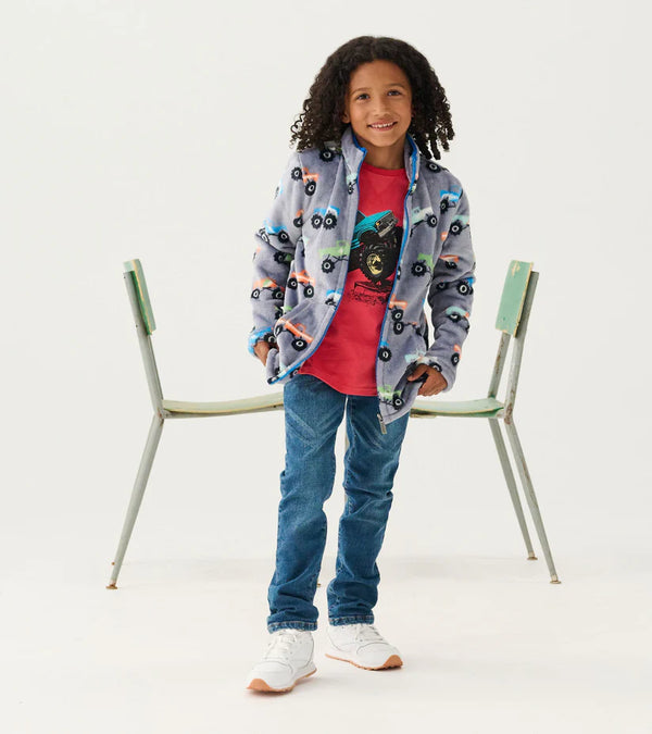 HATLEY-Monster Trucks Fuzzy Fleece Zip-Up Jacket-model