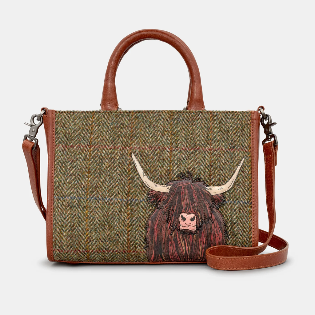 Highland Cow Harris Tweed & Brown Leather Grab Bag