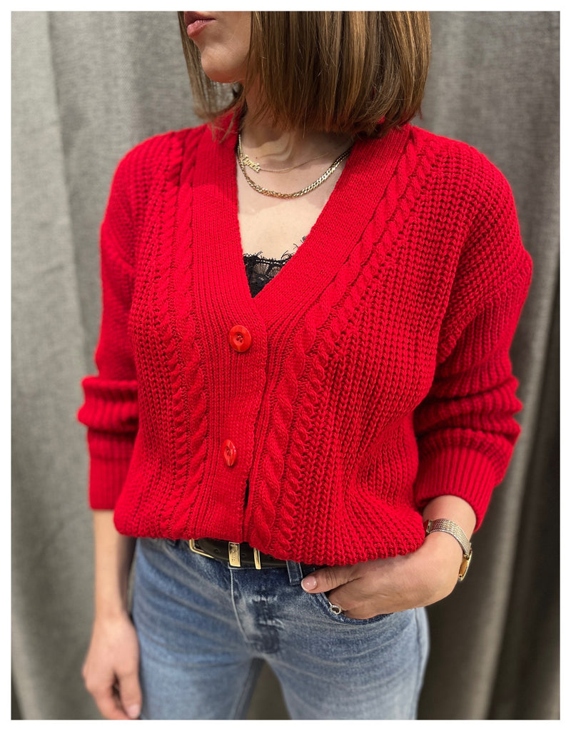 V-neck red cardigan