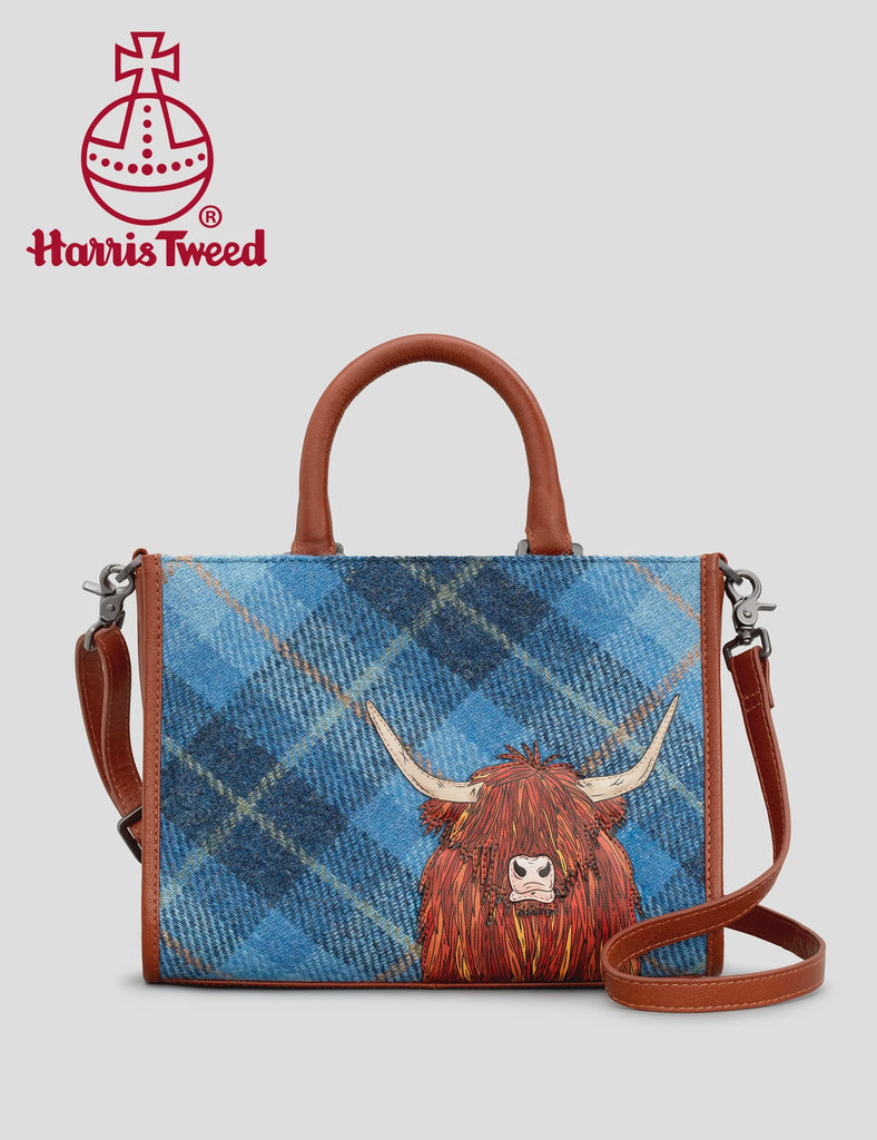 Highland Cow Harris Blue Tweed & Leather Grab Bag