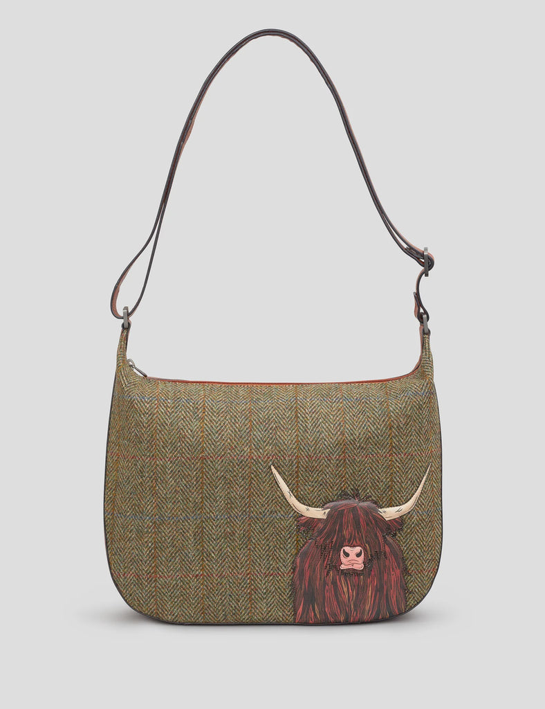 Highland Cow Harris Tweed & Brown Hobo Bag