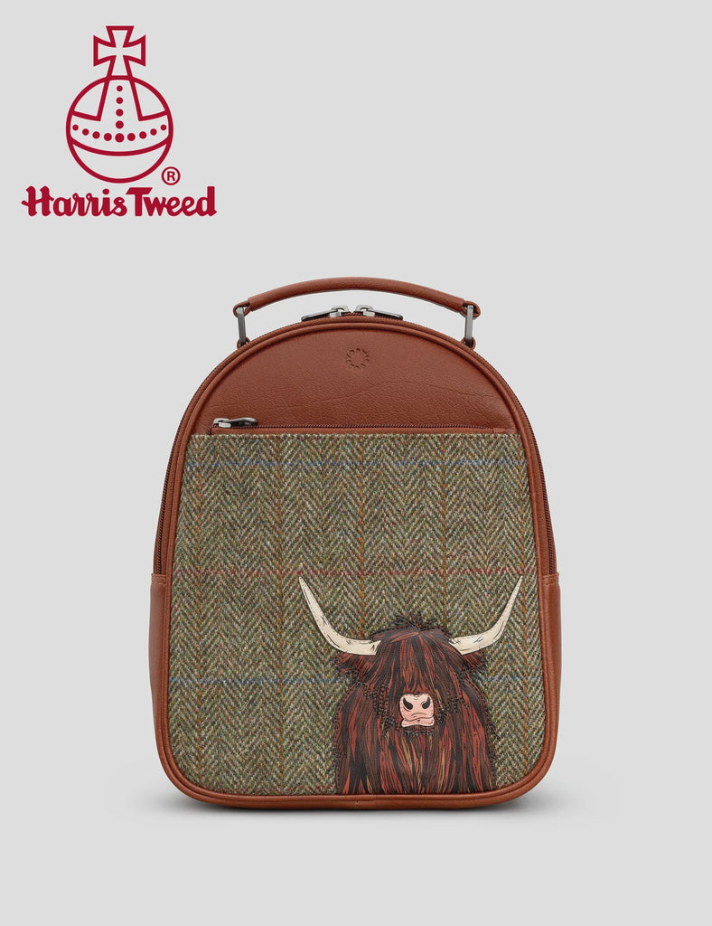 Highland Cow Harris Tweed & Brown Leather Backpack